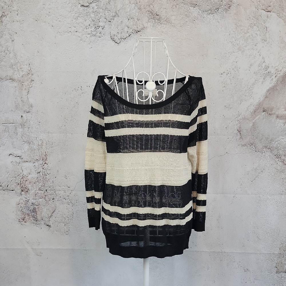 Lou & Grey Sweater Black and Cream Striped Scoopneck Pullover Womens Size M